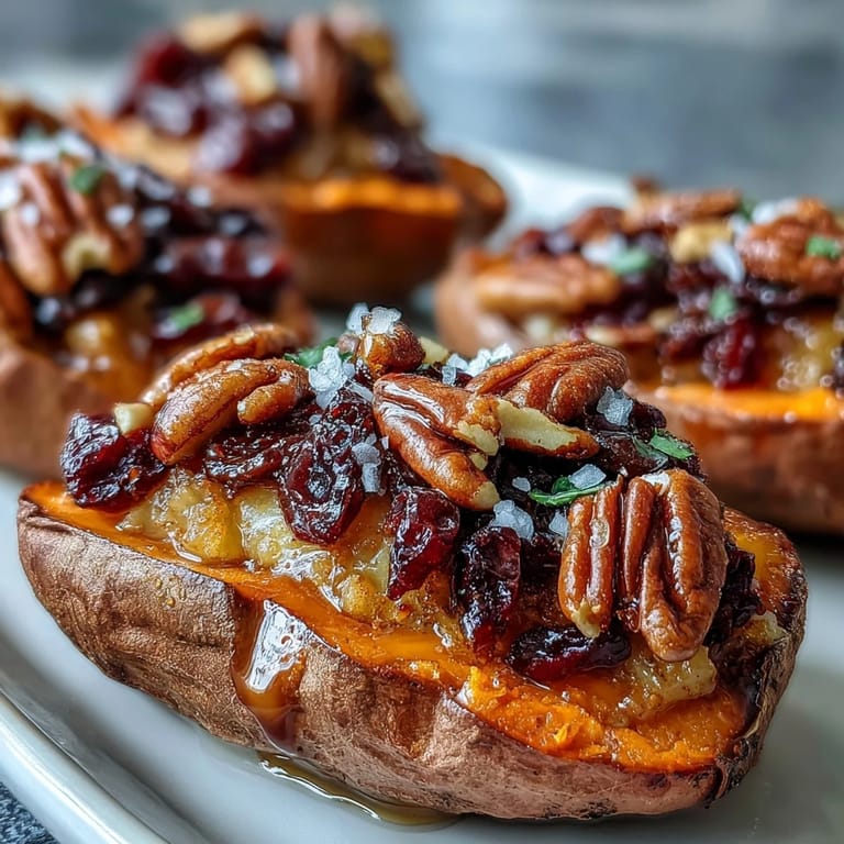 Close-up shot of golden-brown sweet potatoes filled with caramelized apples and burst cranberries, highlighting the steam and rich, colorful texture of this vegetarian side dish.