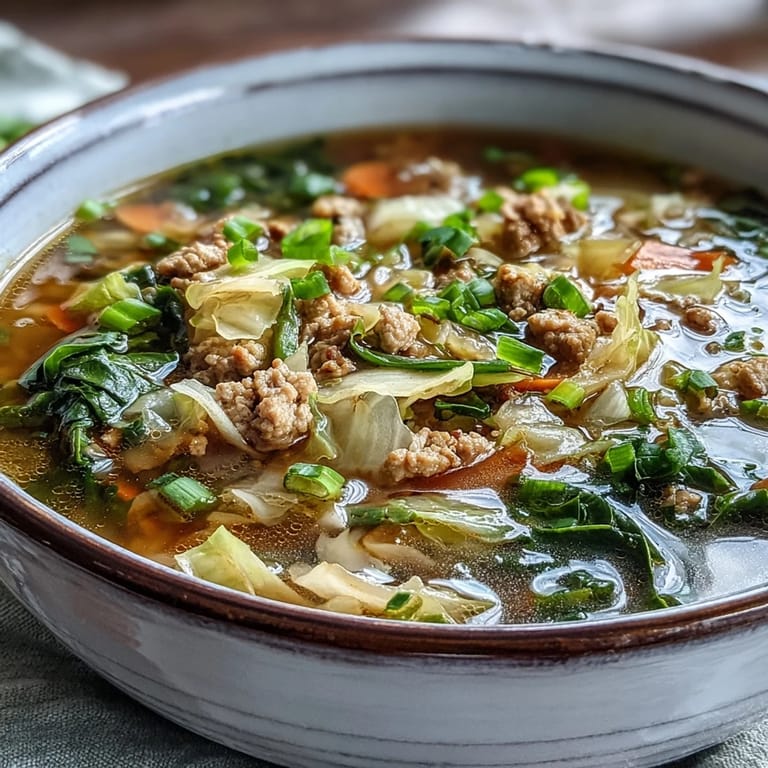A close-up of Cozy One-Pot Egg Roll Soup showing bright shredded carrots and wilted cabbage in a rich, steaming broth. A drizzle of sesame oil finishes the bowl.
