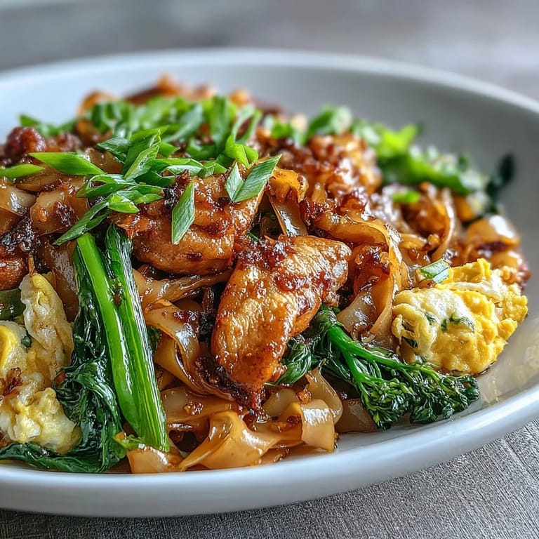 Savory Authentic Thai Pad See Ew plated with chicken and Chinese broccoli next to fresh lime wedges.