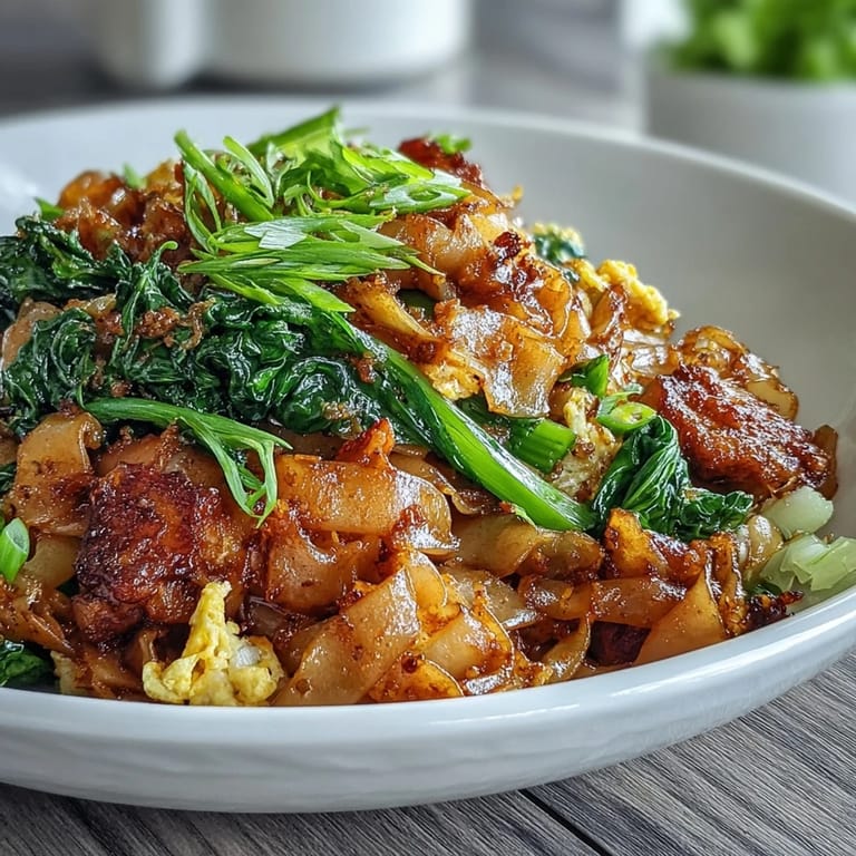 Close-up of glossy Authentic Thai Pad See Ew with wide noodles, tender chicken, and crunchy broccoli stems.