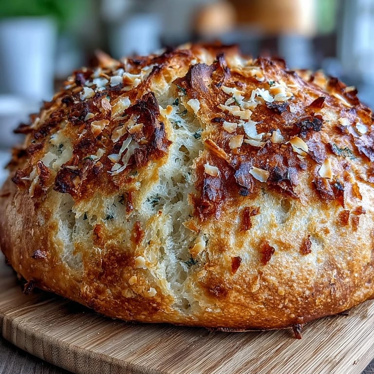 Perfect Parmesan Garlic Artisan Bread rests on a rustic board beside a bowl of tomato soup.