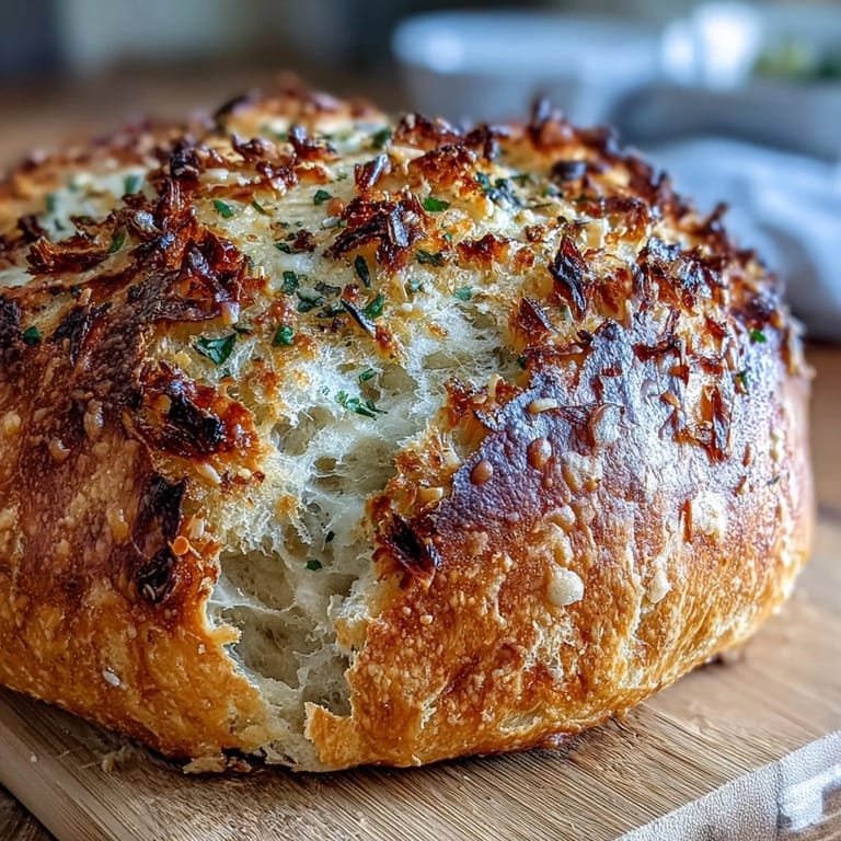 Freshly baked Perfect Parmesan Garlic Artisan Bread with a golden, crackled crust and rosemary garnish.