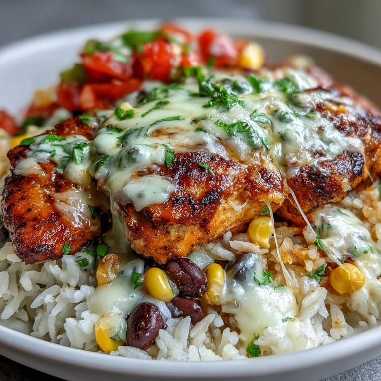 Close-up of bubbling white queso over tender chicken, corn, black beans, and tomato-flecked rice for a fiesta-style dinner.