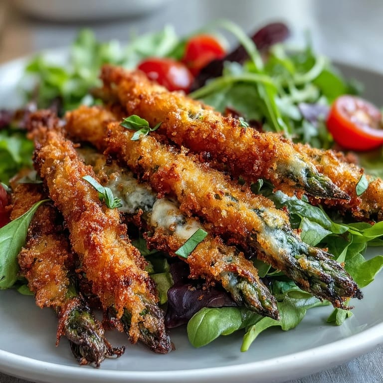 Gluten-free lunch idea topped with golden, oven-baked Parmesan-crusted asparagus and fresh basil.