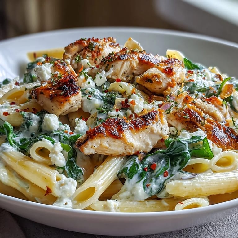 A fork lifts tender chicken, crumbled feta, and al dente pasta from the saucy Greek Chicken Feta Pasta Skillet.