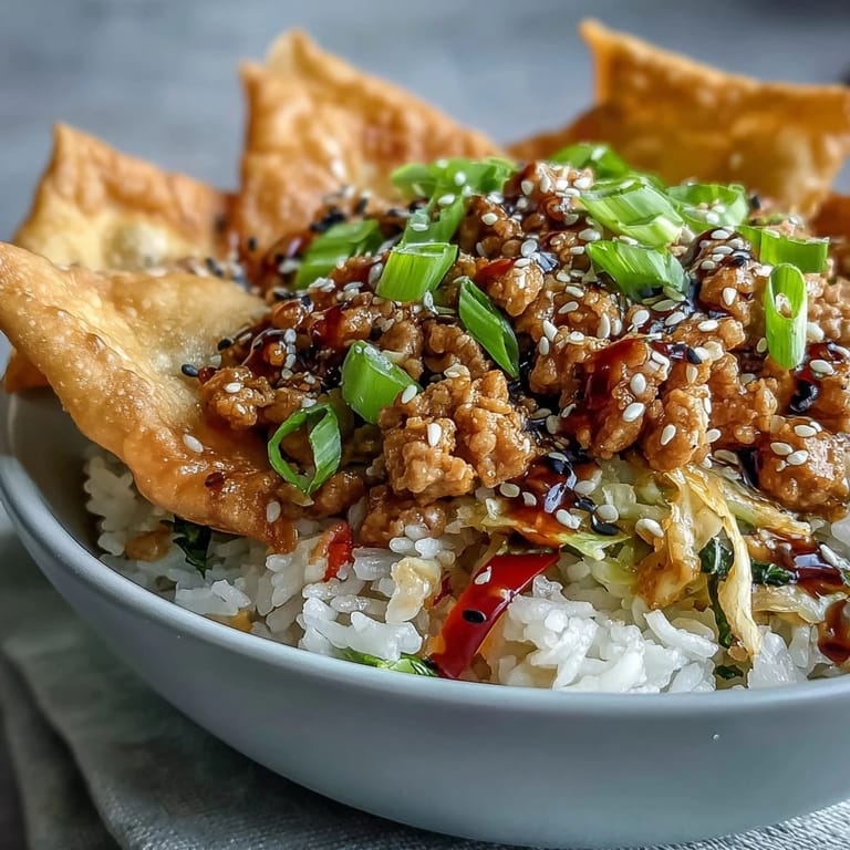 Steam rising from a warm bowl of Crispy Baked Egg Roll Chicken Bowls, ready to be enjoyed with chopsticks.