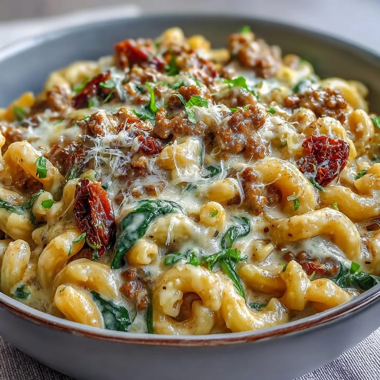 Creamy Tuscan Chili Mac with wilted spinach and melted Parmesan cheese in a creamy sauce.