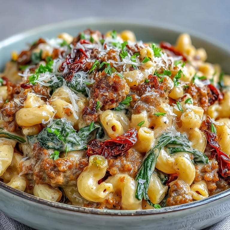 Creamy Tuscan Chili Mac garnished with fresh basil in a skillet, ready for a family dinner.