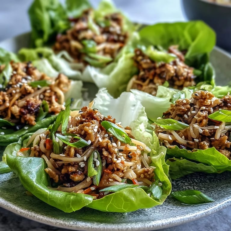 Golden-brown ground turkey stir-fry with ginger, garlic, and noodles ready to spoon into fresh Potsticker Noodle Lettuce Cups for a low-carb meal.