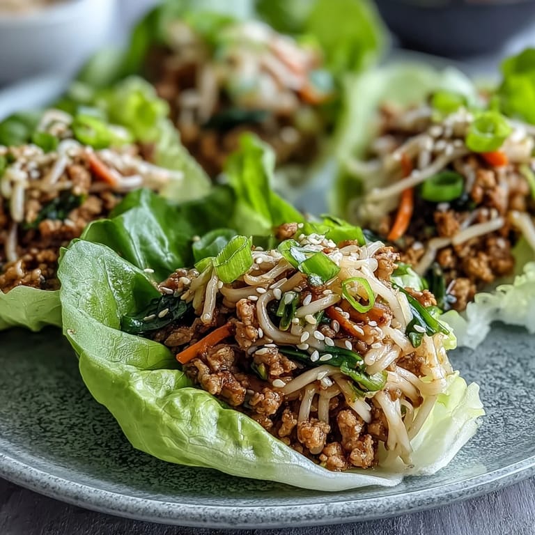 Freshly prepared Potsticker Noodle Lettuce Cups plated with lime wedges and sesame seeds, showcasing a light and crunchy handheld dinner.