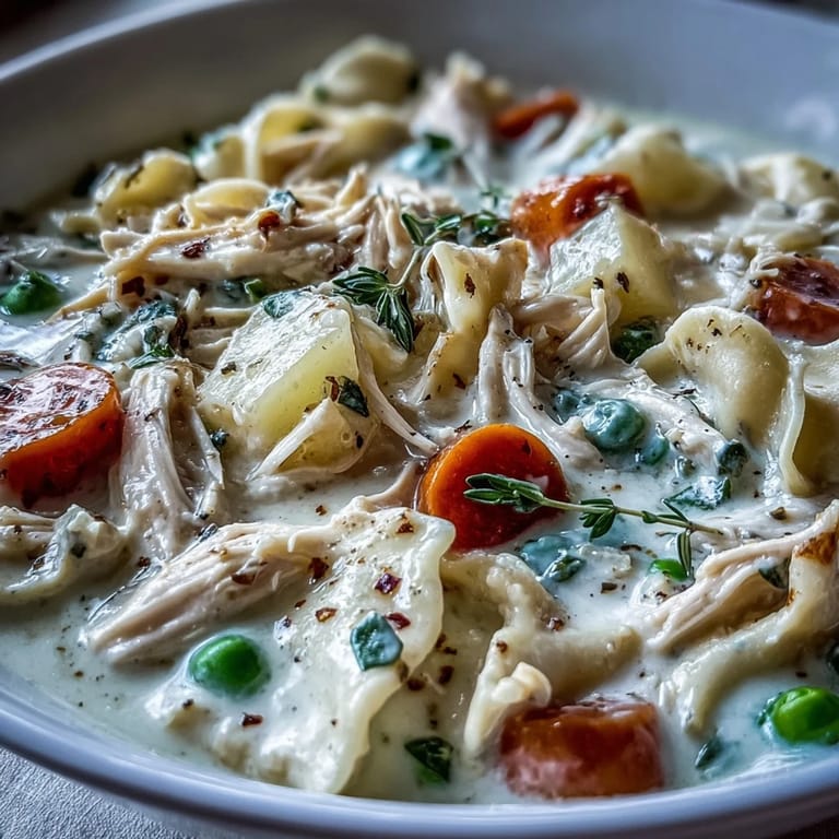 Top this savory Creamy Chicken Pot Pie Soup with puff pastry for a classic pot pie finish.