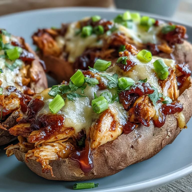 Juicy shredded chicken tossed in sweet tangy honey BBQ sauce, stuffed inside fluffy roasted sweet potatoes and topped with melted cheese.