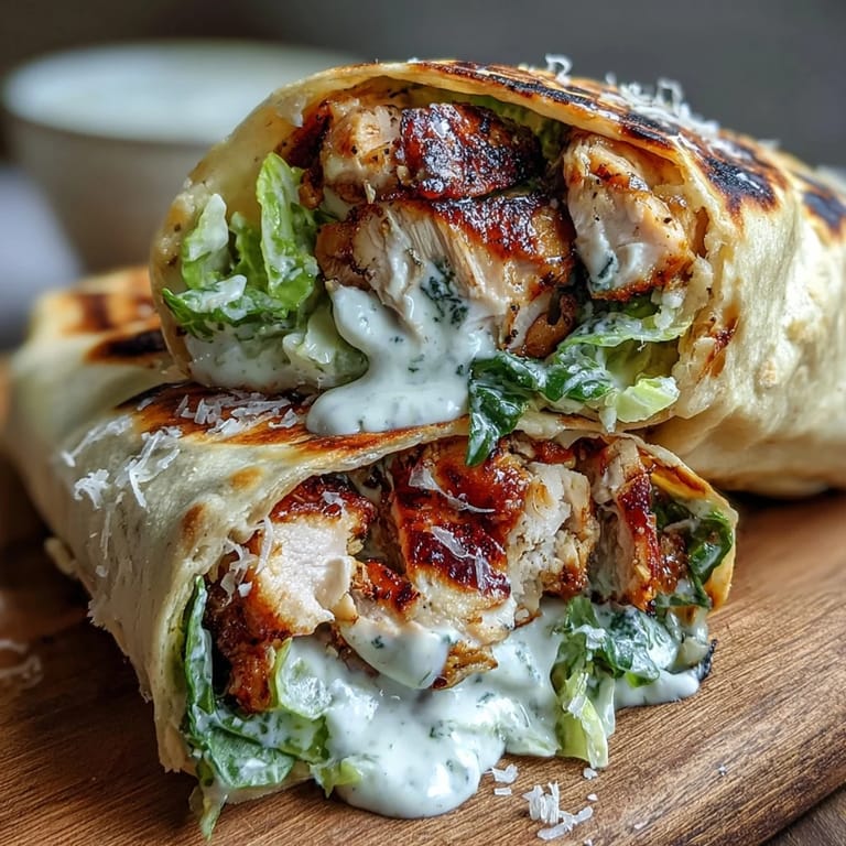 Freshly grated Parmesan crowns these handheld Garlic Naan Grilled Chicken Caesar Wraps, perfect for a quick lunch or easy dinner.