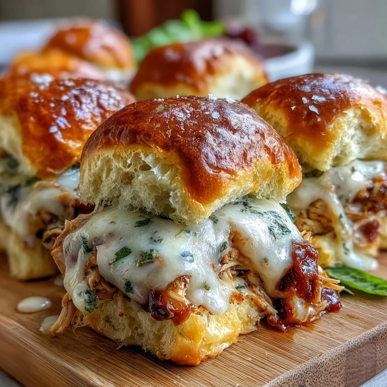 Twelve mini Pesto Chicken Parmesan Sliders lined up on parchment, showcasing garlicky brioche buns and rich marinara.