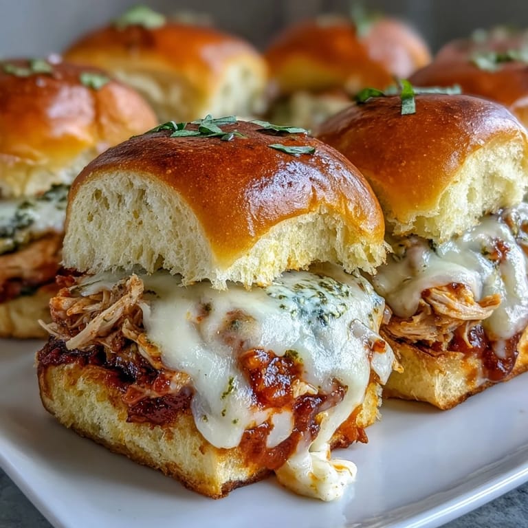 A single Pesto Chicken Parmesan Slider held in hand, revealing juicy pesto chicken and stringy mozzarella filling.