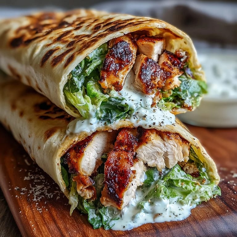 Golden naan is filled with smoky grilled chicken, crisp romaine, and Parmesan, served with a lemon wedge.