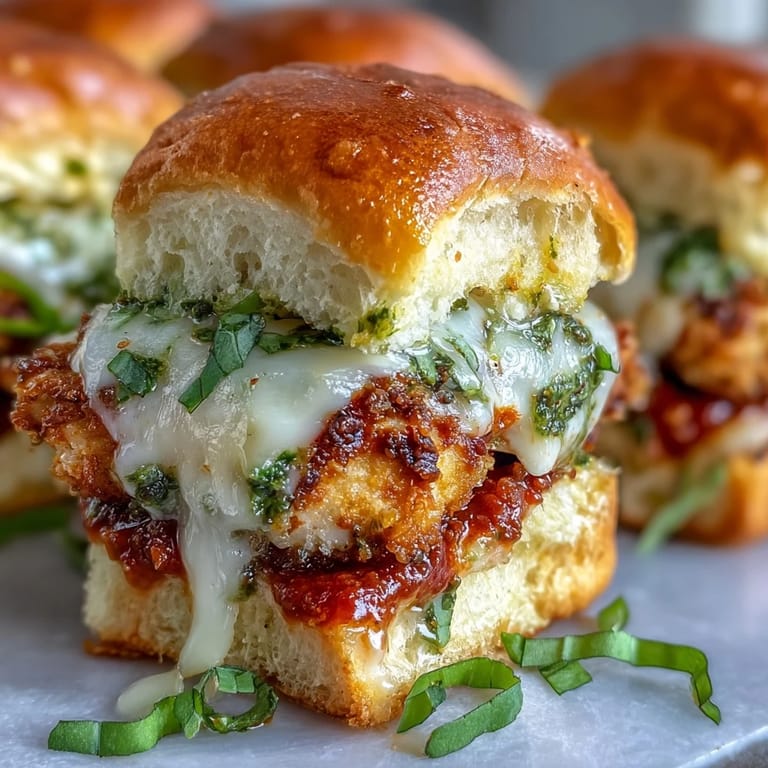 Toasted brioche buns filled with juicy pesto chicken, melted cheese, and marinara, ready to serve hot.