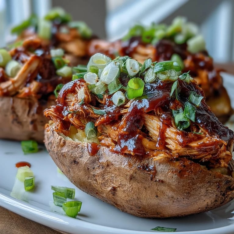 A close-up of baked sweet potato boats brimming with saucy honey BBQ chicken, garnished with green onions and a dollop of sour cream.