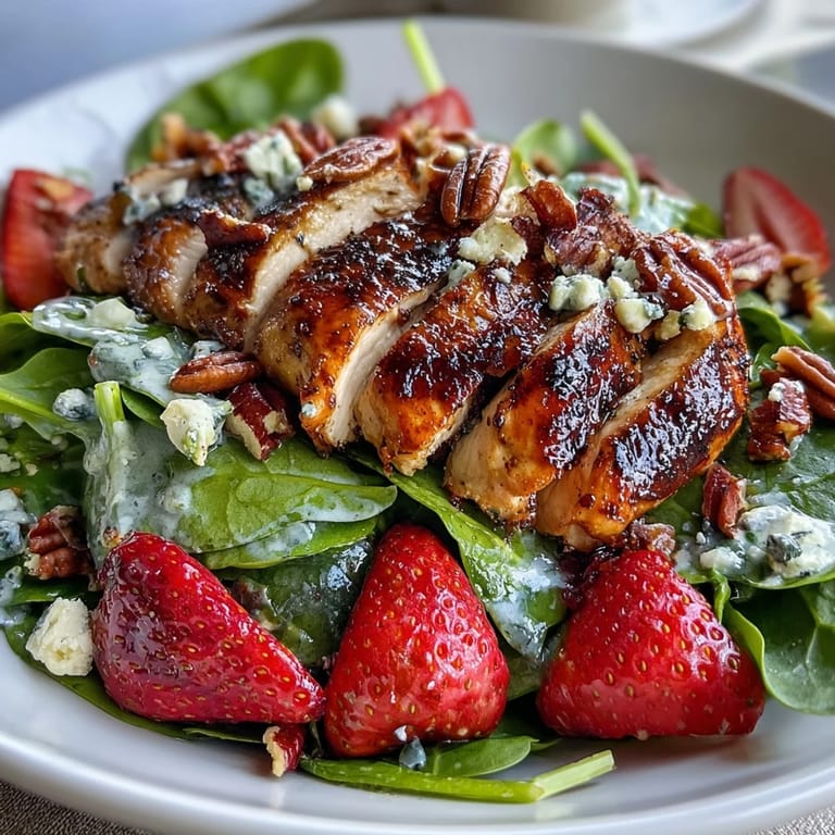 A vibrant bowl of Grilled Chicken and Strawberry Spinach Salad with Poppy Seed Dressing, featuring crumbled feta and pecans.