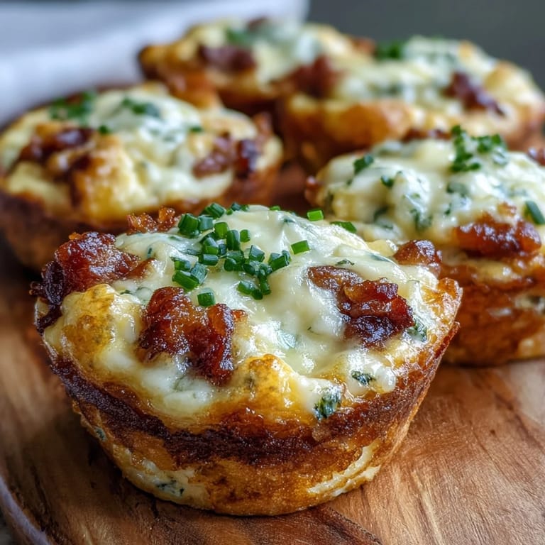 Freshly baked Ranch & Cheddar Egg Muffin Cups show fluffy eggs, melted cheddar, and bacon bits in a tin. 