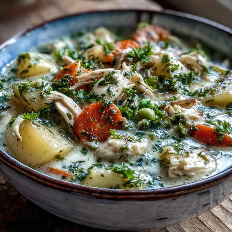 A close-up of Creamy Chicken Pot Pie Soup showcasing tender shredded chicken, peas, carrots, and diced potatoes in a rich, creamy broth.