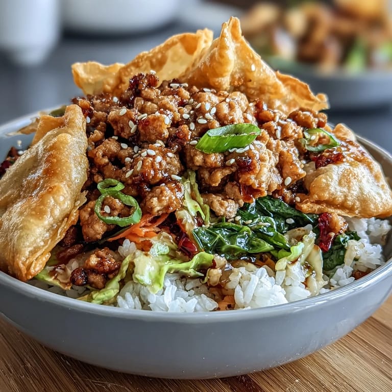 Deconstructed Egg Roll Chicken Bowls: tender cabbage and carrot stir-fry with seasoned ground chicken, served over warm rice and crunchy baked wonton garnish.