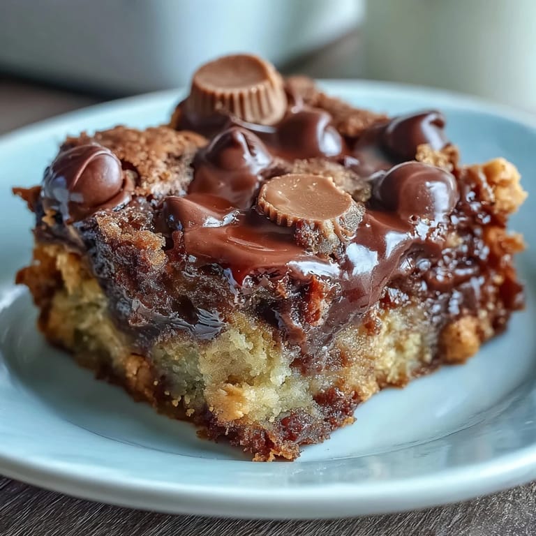 Rich chocolate-peanut butter dump cake baked with mini peanut butter cups and chocolate chips, offering a warm, indulgent treat straight from the oven.