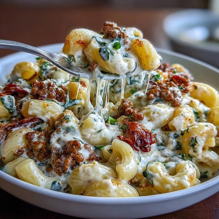 Comforting bowl of creamy Tuscan chili mac topped with mozzarella, fresh herbs, and hearty macaroni.  
