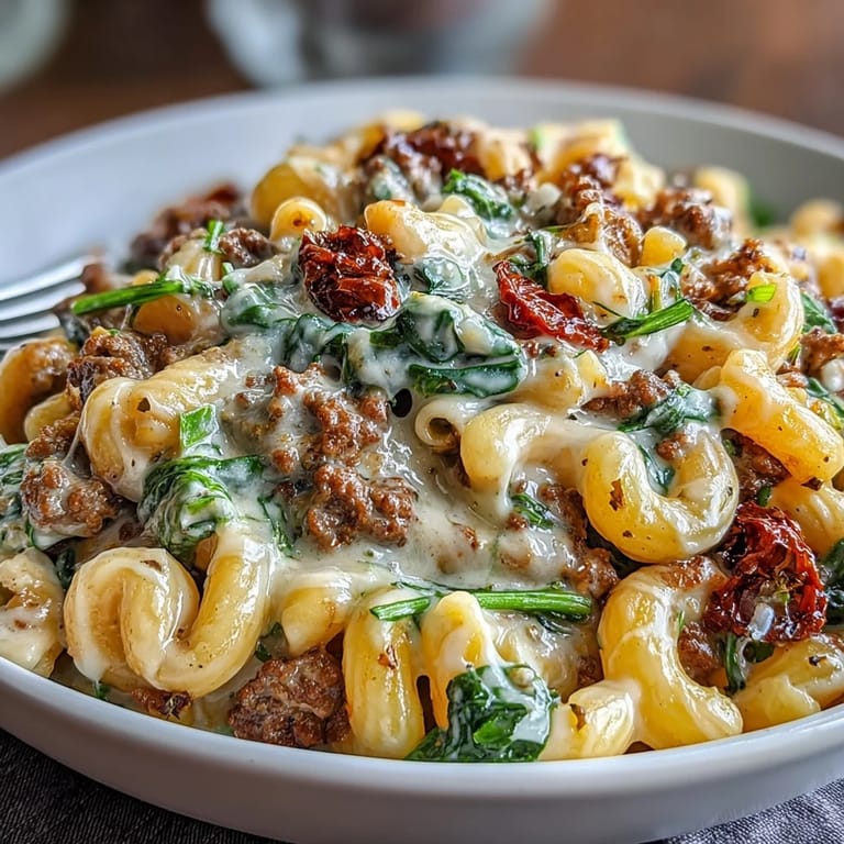 Italian-inspired Tuscan chili mac skillet featuring savory sausage, spinach, and sun-dried tomatoes in a creamy broth.