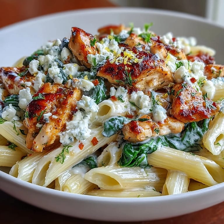 Golden Greek chicken feta pasta skillet featuring al dente pasta, creamy feta sauce, and fresh spinach for a Mediterranean dinner.