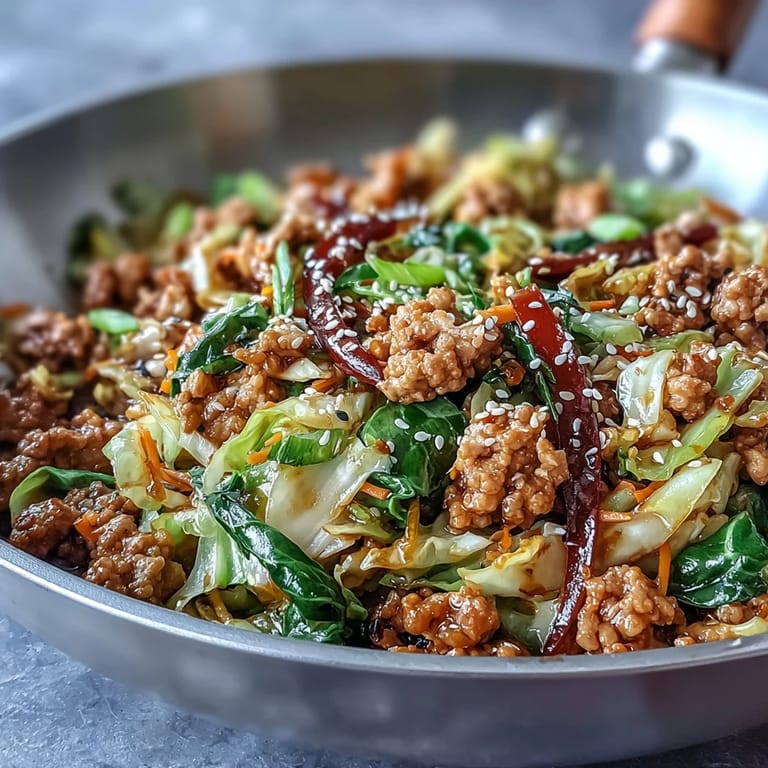 A steaming skillet filled with tender turkey, crisp cabbage, and colorful bell peppers in a savory Asian-inspired sauce.