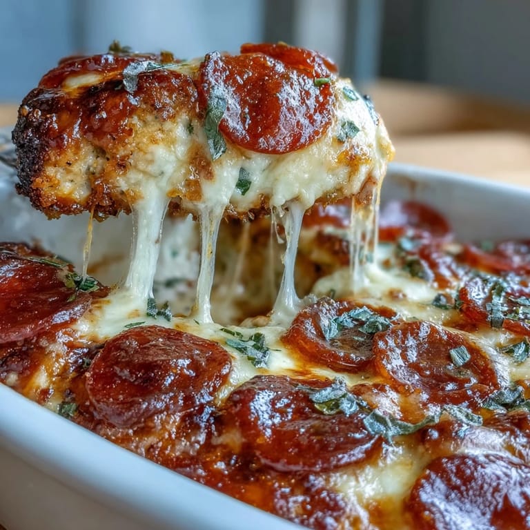 A low-carb casserole featuring tender chicken breast smothered in sugar-free marinara, melted mozzarella, and crispy pepperoni slices.