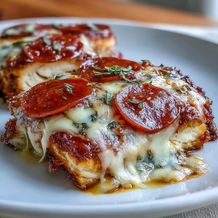 Easy keto dinner of baked chicken topped with classic pizza flavors—marinara, cheese, and pepperoni for a satisfying, gluten-free meal.