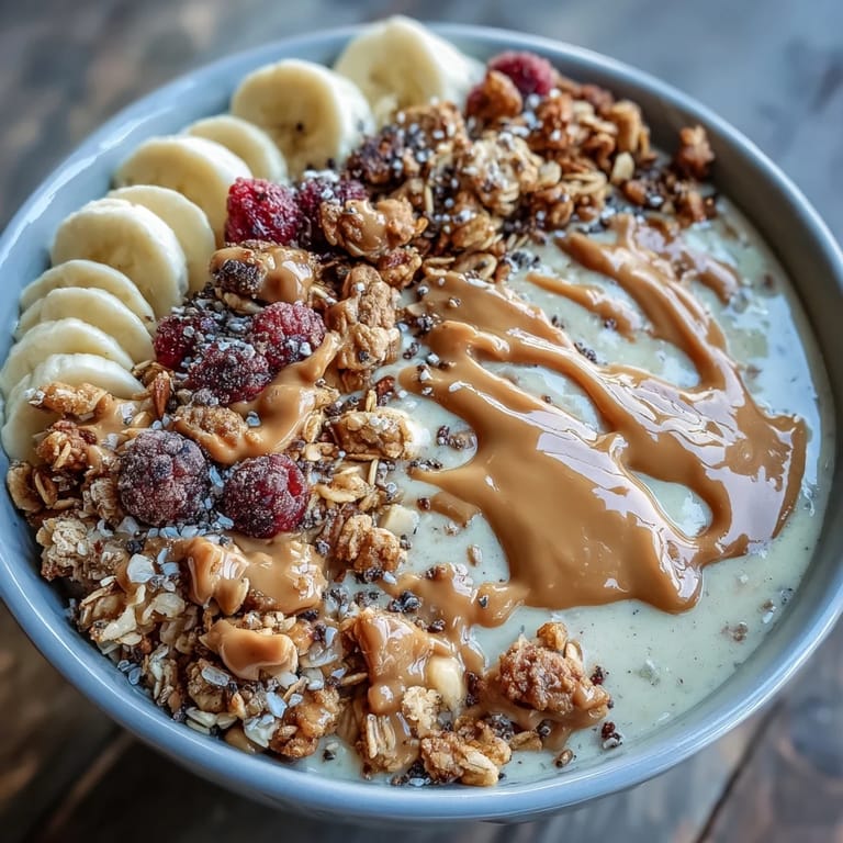 Protein-packed vegan peanut butter banana smoothie bowl, thick and creamy, garnished with sliced bananas, berries, and a peanut butter drizzle.