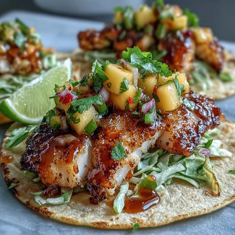 Easy tilapia tacos with vibrant mango salsa, crunchy cabbage, and lime wedges for a fresh, gluten-free dinner.