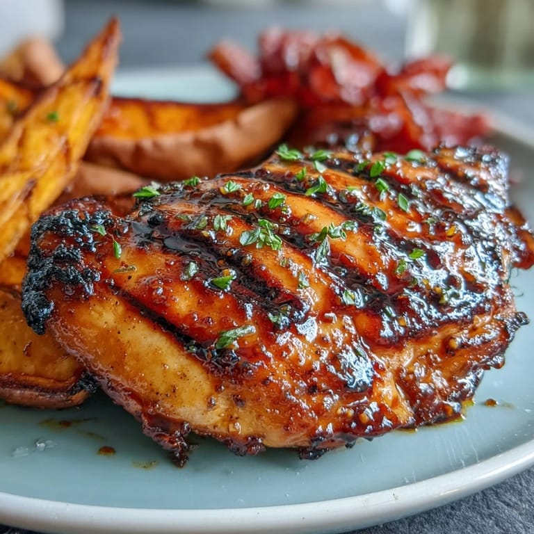 Juicy honey mustard chicken breasts paired with caramelized sweet potato wedges, perfect for a wholesome dinner.