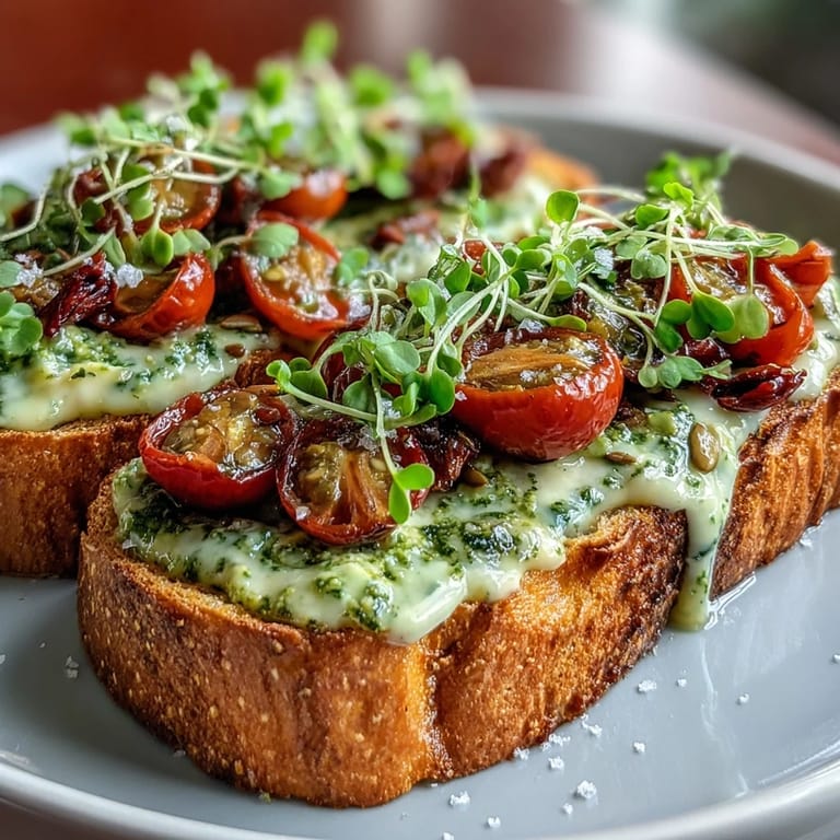 Bright and flavorful avocado pesto sourdough toast layered with colorful cherry tomatoes and crisp microgreens.