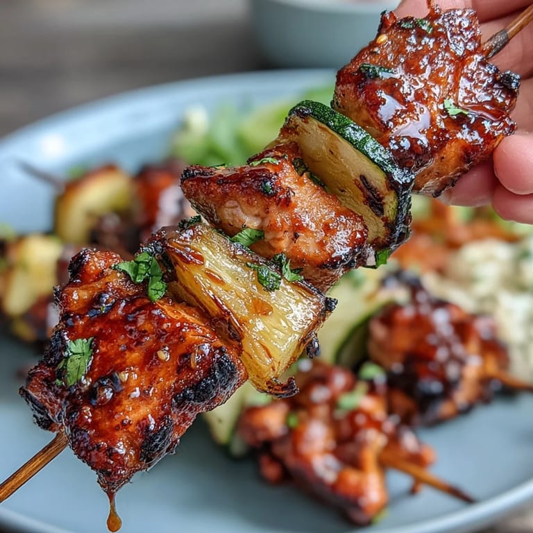 Juicy chicken marinated in honey-lime sauce, grilled with zucchini and pineapple for a tropical, savory-sweet skewer recipe.