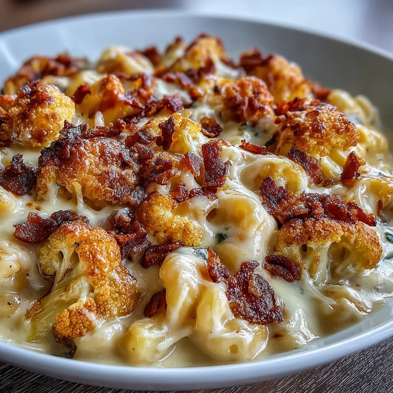 A low-carb twist on classic mac and cheese, featuring golden roasted cauliflower and smoky bacon topping.  