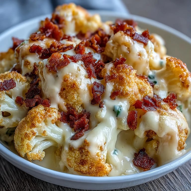 Rich and cheesy keto cauliflower mac with crunchy bacon crumbs, perfect for a comforting low-carb dinner.