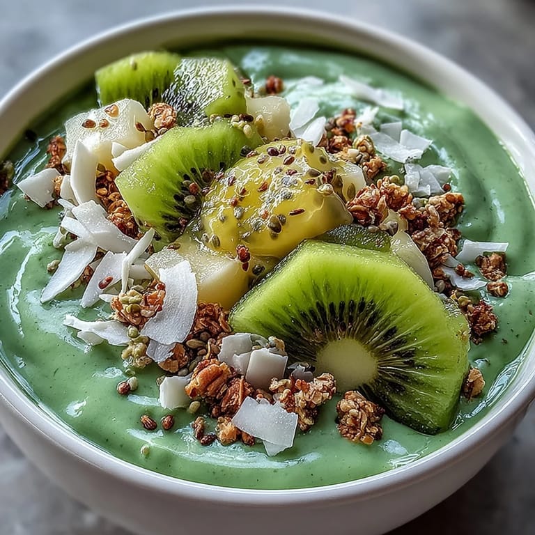 Creamy green smoothie base topped with mango-chia seed blend, coconut flakes, and granola, creating a colorful and refreshing vegan treat.