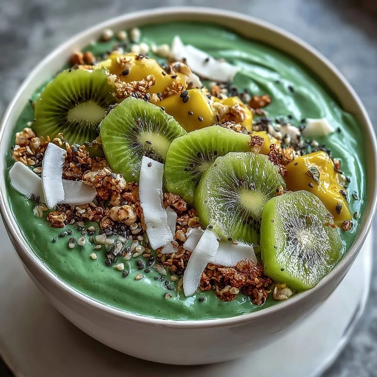 Lush green smoothie bowl garnished with tropical mango topping, hemp seeds, and mint leaves, ideal for a healthy vegan breakfast.