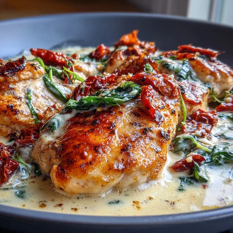 Golden seared chicken breasts simmered in a luscious keto-friendly cream sauce with sun-dried tomatoes and baby spinach for a comforting Italian dinner.  