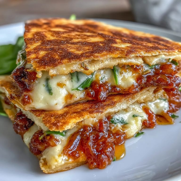 Warm, melty goat cheese and zesty chili jam melt together inside a golden, toasted tortilla shell.