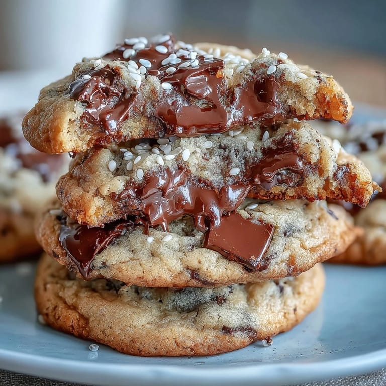 Tahini-chocolate chip cookies featuring gooey chocolate chunks and a slightly crisp, nutty exterior.
