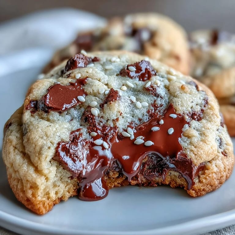 Warm tahini-chocolate chip cookies with melted chocolate chips and a hint of sesame seed crunch.