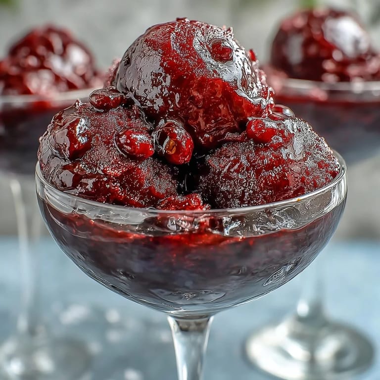 A sophisticated vegan sorbet blending tart black currants with aromatic gin, served in chilled glasses with fresh mint garnish.  