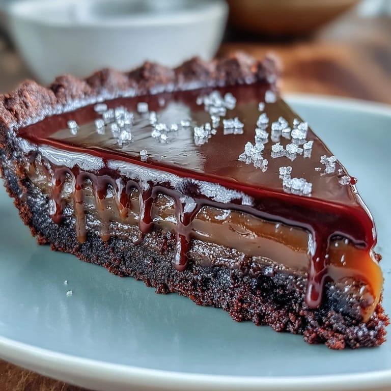 Luxurious dark chocolate tart filled with smooth salted caramel, perfect for elegant dinner parties or special occasions.
