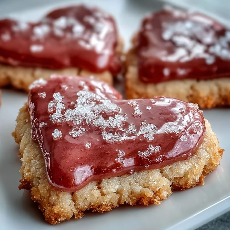 Delicate sugar cookies cut into hearts and topped with vibrant pink strawberry icing, ideal for sharing with loved ones.