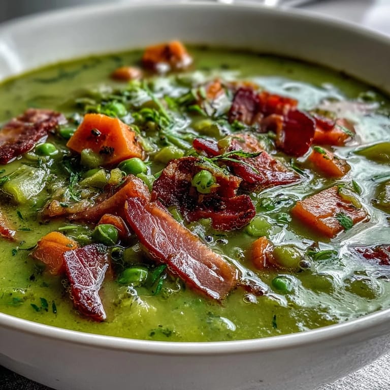 Rich, hearty ham and split pea soup featuring savory ham, sweet carrots, and thick, satisfying texture.